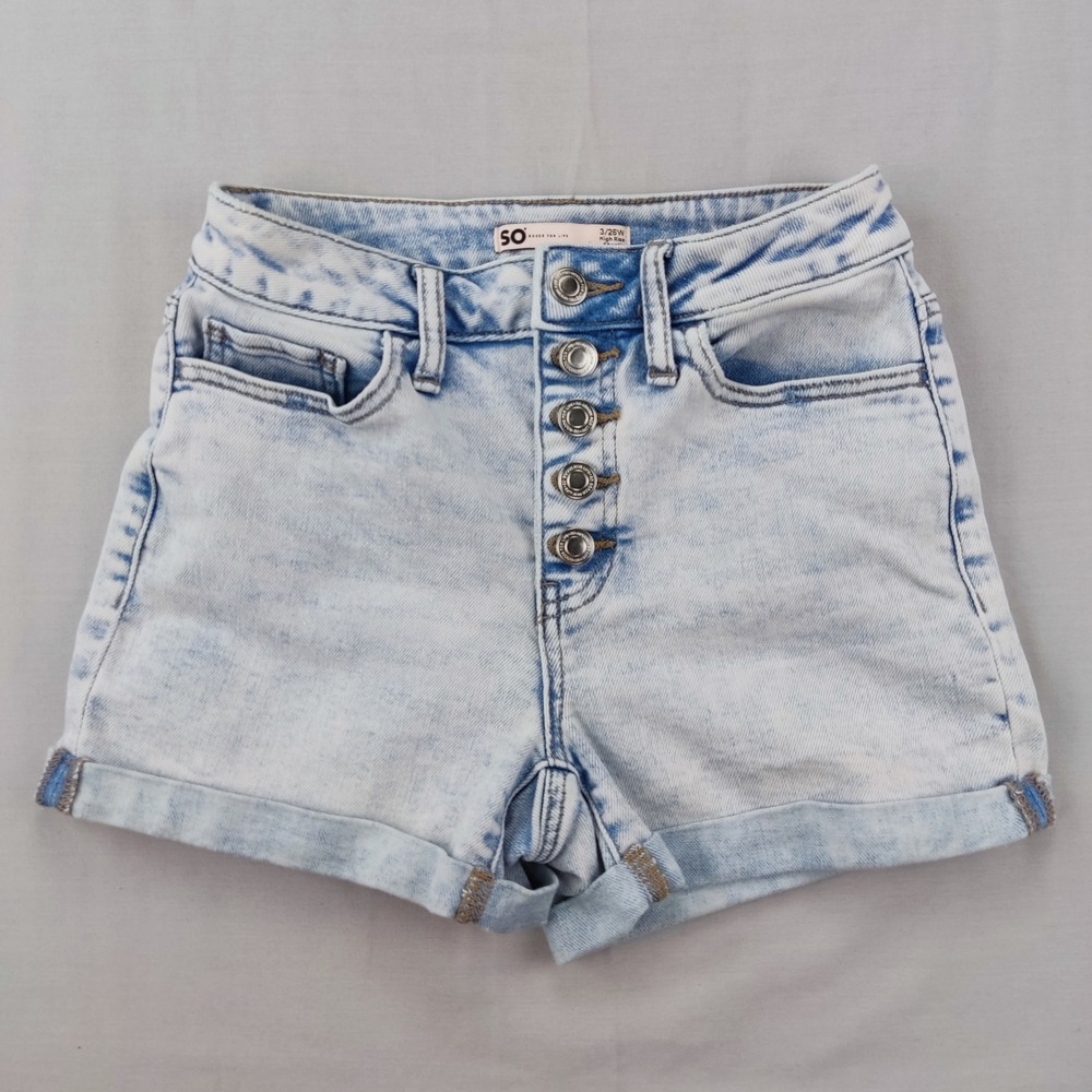 SO Denim Shorts Womens 3/26W Light Blue High Rise Shortie Button Fly Acid Wash
